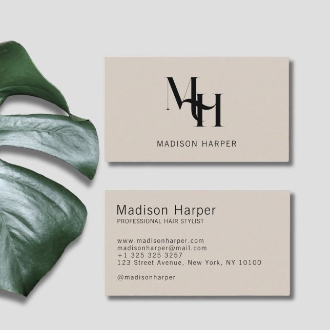 Hair stylist modern monogram initials tan business card (Creator Uploaded)