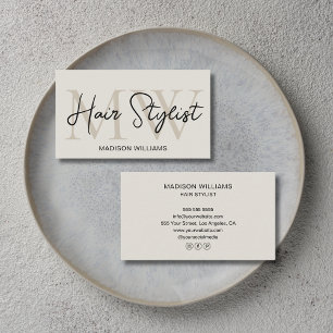 Hair Stylist Modern Monogram Neutral Beige Business Card