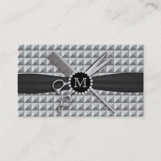 Hair Stylist-Modern Monogram Scissor & Comb Metal Business Card (Front)