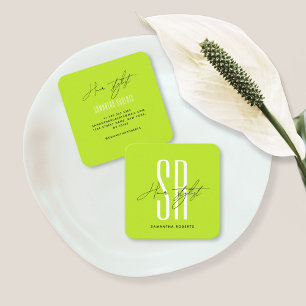 Hair stylist modern neon green monogram initials square business card