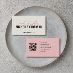 Hair Stylist Modern Neutral and Pink QR Code Business Card