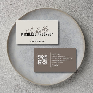 Hair Stylist Modern Neutral and Taupe QR Code Business Card