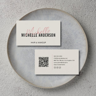 Hair Stylist Modern Neutral Beige QR Code Business Card