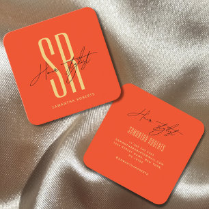 Hair stylist modern orange monogram initials  square business card