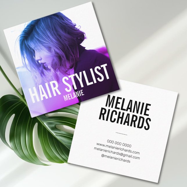 Hair stylist modern photo square business card (Creator Uploaded)