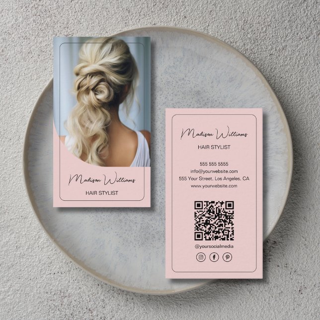 Hair Stylist Modern Pink Business Card (Modern Pink Hair Stylist Business Card with Photo & QR)