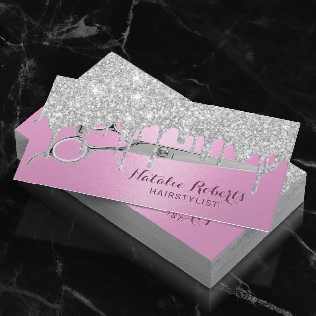 Hair Stylist Modern Pink Silver Drips Beauty Salon Business Card (Creator Uploaded)