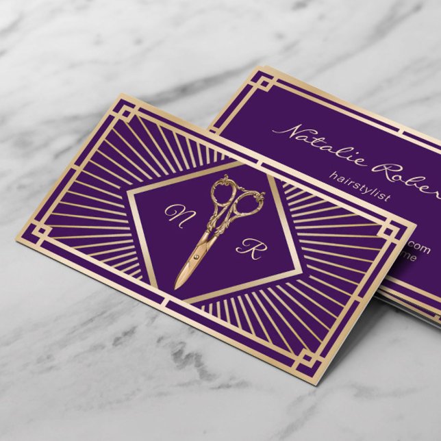 Hair Stylist Modern Purple & Gold Art Deco Salon Business Card (Creator Uploaded)