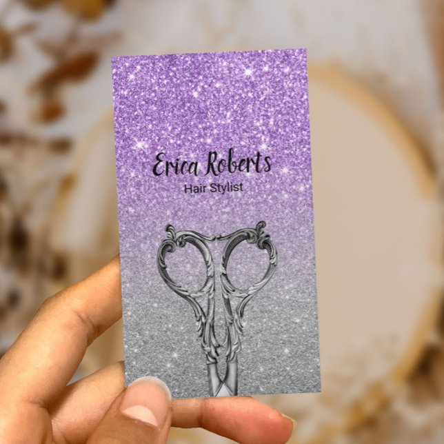 Hair Stylist Modern Purple & Silver Glitter Salon Business Card (Creator Uploaded)