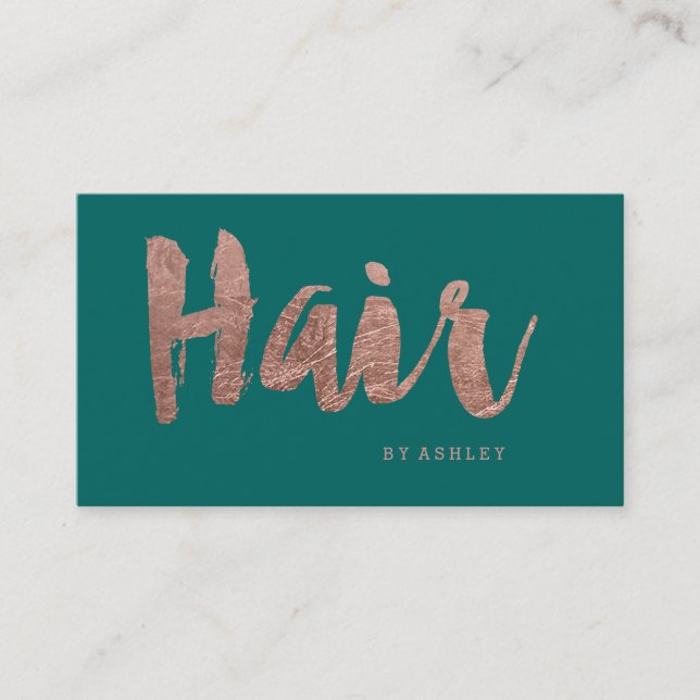 Hair stylist modern rose gold typography green business card (Front)