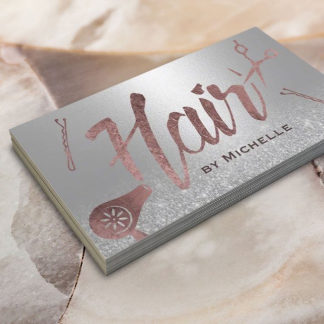 Hair Stylist Modern Rose Gold Typography Silver Business Card (Creator Uploaded)
