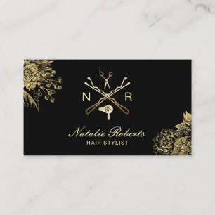 Hair Stylist Modern Salon Logo Black & Gold Floral Business Card