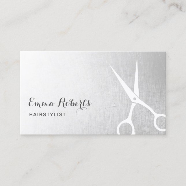 Hair Stylist Modern Scissor Hair Salon Silver Business Card (Front)