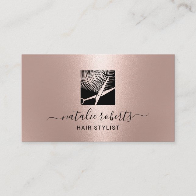 Hair Stylist Modern Scissor Logo Rose Gold Salon Business Card (Front)