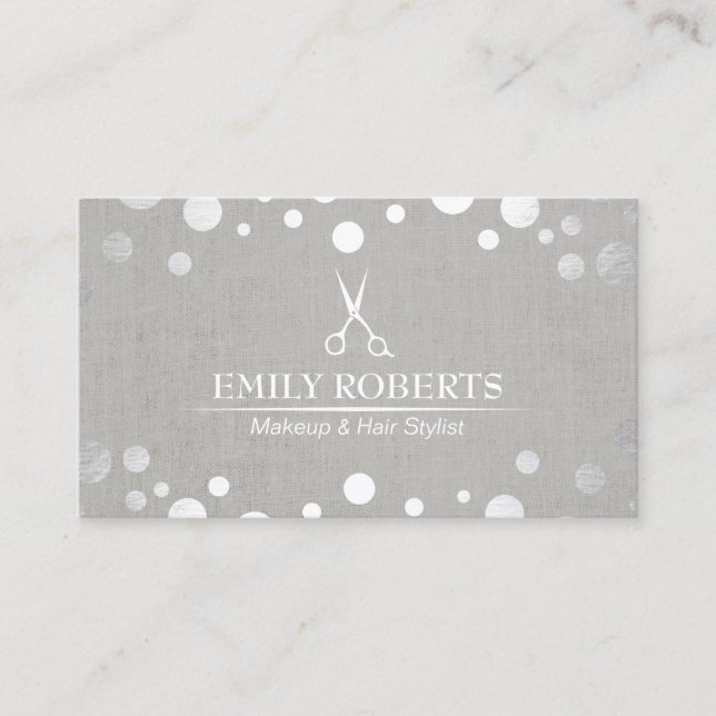 Hair Stylist Modern Silver Dots Elegant Salon Business Card (Front)