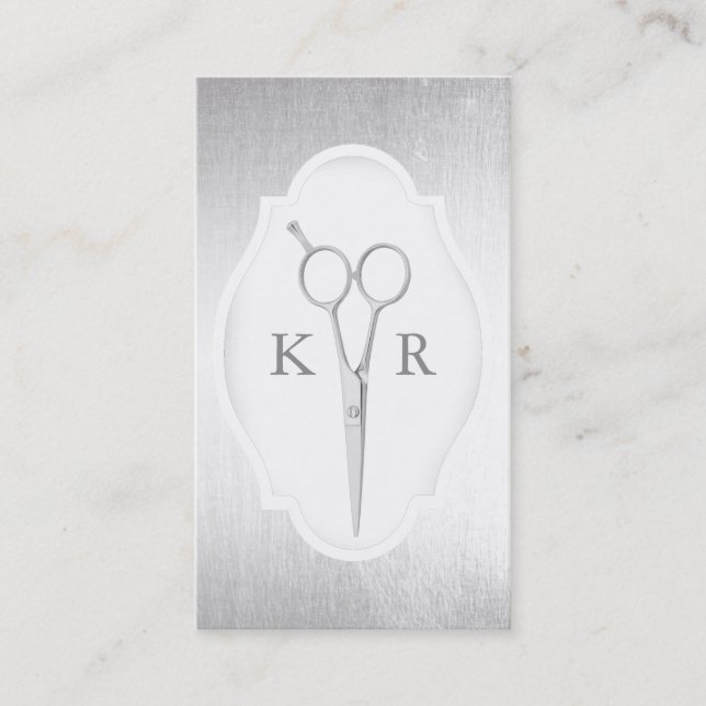 Hair Stylist Modern Silver Scissor Beauty Salon Business Card (Front)