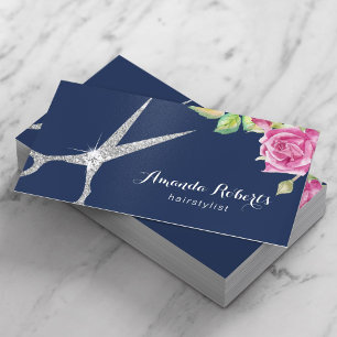 Hair Stylist Modern Silver Scissor Floral Navy Business Card