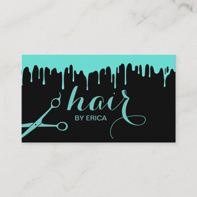 Hair Stylist Modern Turquoise Drips Beauty Salon Business Card (Front)