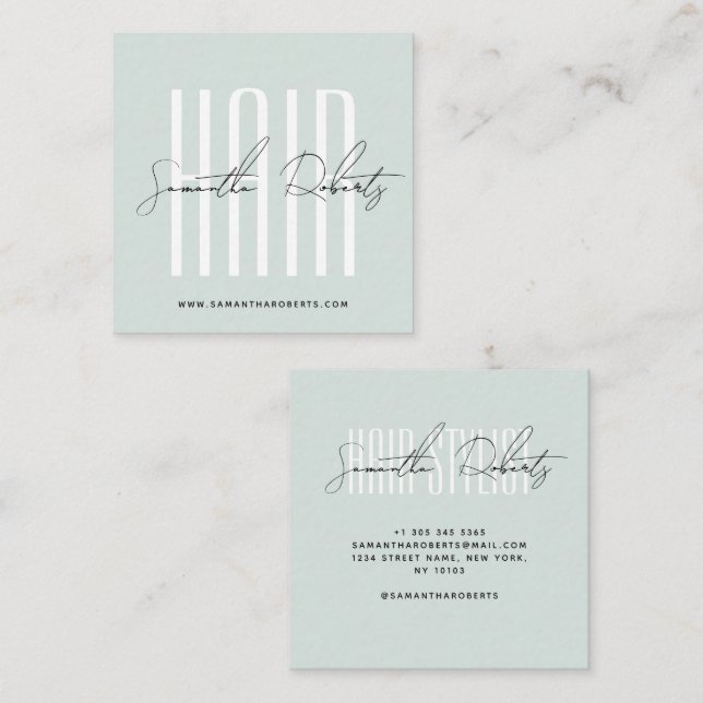 Hair stylist modern typography script blue square business card (Front/Back)