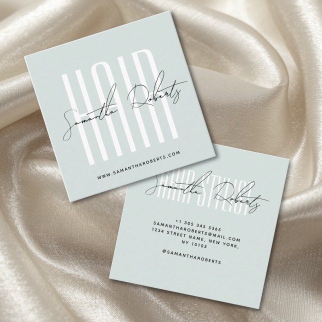 Hair stylist modern typography script blue square business card (Creator Uploaded)