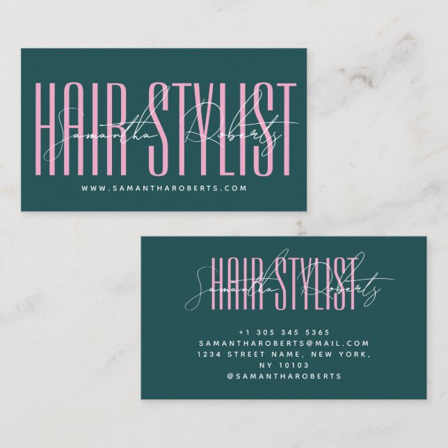 Hair stylist modern typography script green pink business card (Front/Back)