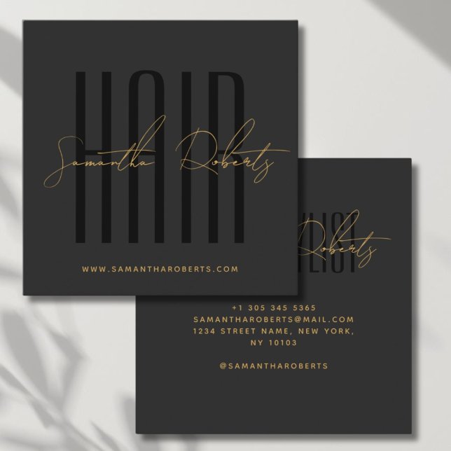 Hair stylist modern typography script grey black square business card (Creator Uploaded)