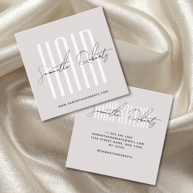 Hair stylist modern typography script pearl pink square business card (Creator Uploaded)