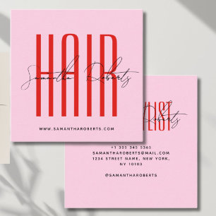 Hair stylist modern typography script pink red square business card