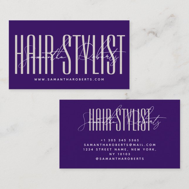 Hair stylist modern typography script purple business card (Front/Back)