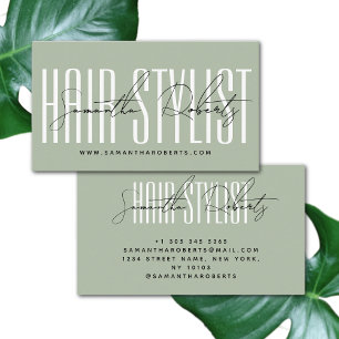 Hair stylist modern typography script sage green business card