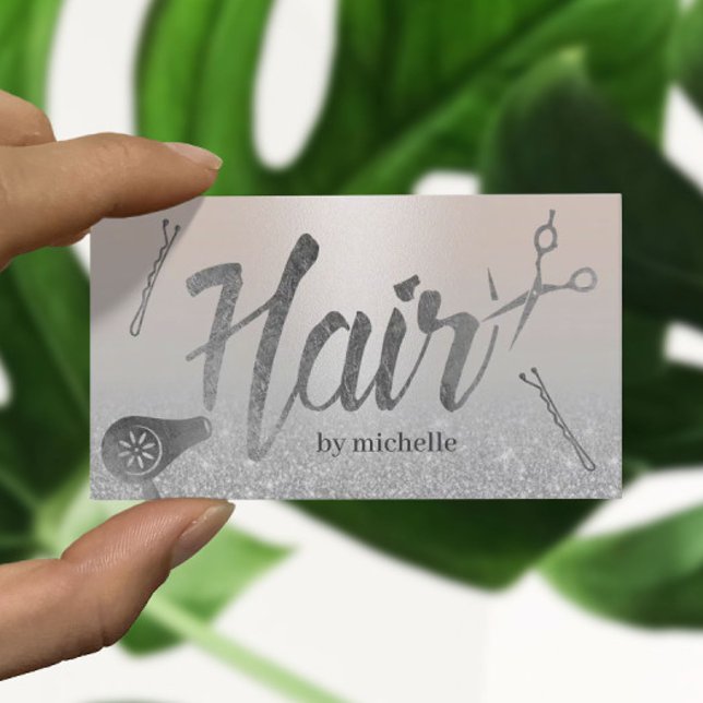 Hair Stylist Modern Typography Silver Glitter Business Card (Creator Uploaded)