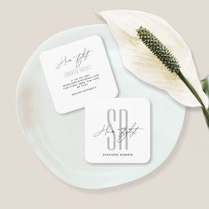 Hair stylist modern white monogram initials square business card