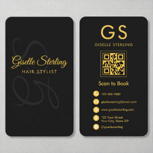 Hair Stylist Monogram Black Gold QR Code Beauty Business Card