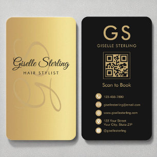 Hair Stylist Monogram Gold Black QR Code Business Card