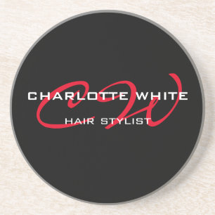 Hair Stylist Monogram Minimalist Modern Black Red Coaster