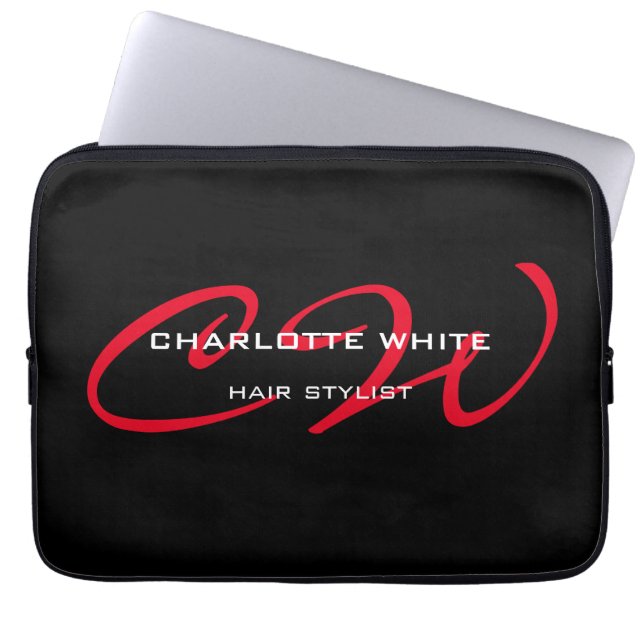 Hair Stylist Monogram Minimalist Modern Black Red Laptop Sleeve (Front)