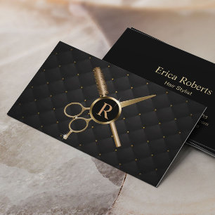 Hair Stylist Monogram Modern Black & Gold Business Card