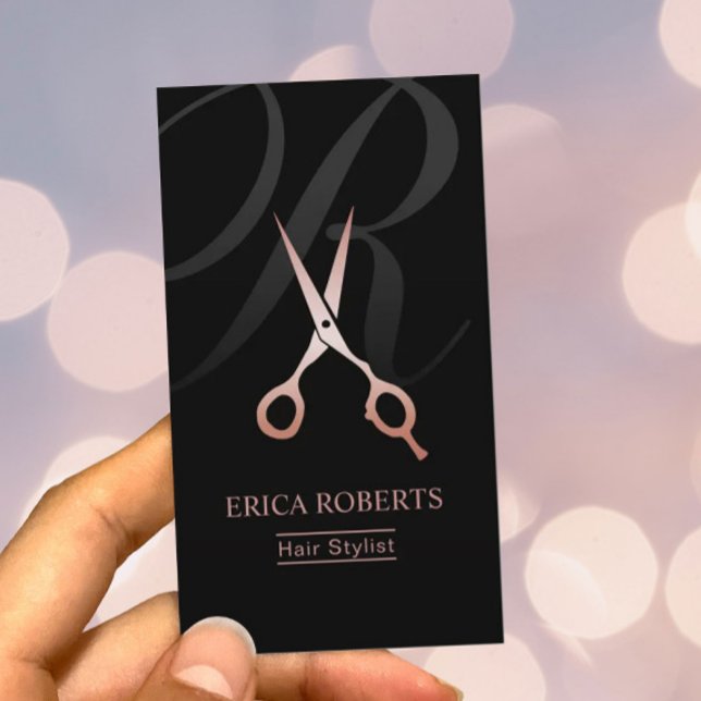 Hair Stylist Monogram Script Rose Gold Scissor Business Card (Creator Uploaded)