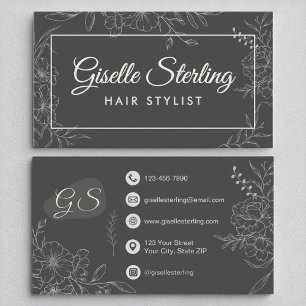 Hair Stylist Moody Charcoal Gray Floral Modern Business Card