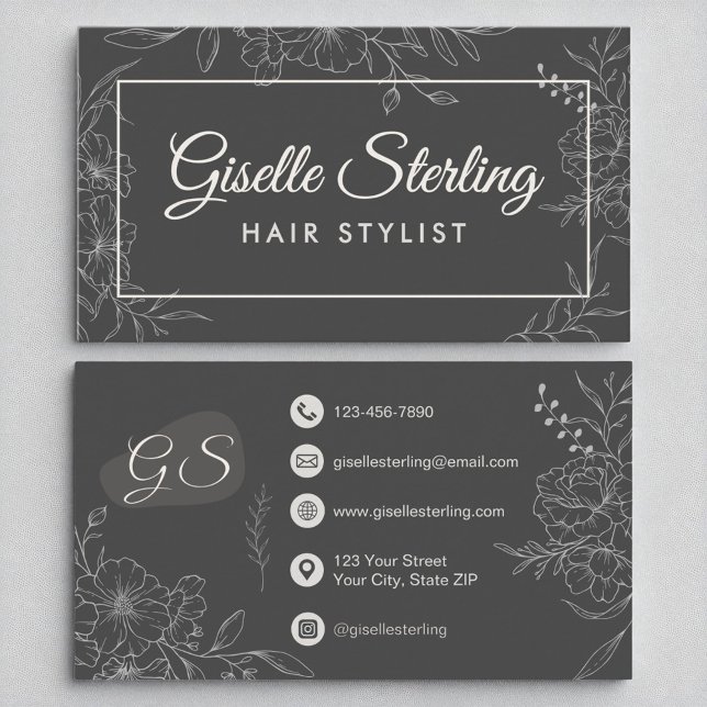 Hair Stylist Moody Charcoal Grey Floral Modern Business Card (Creator Uploaded)