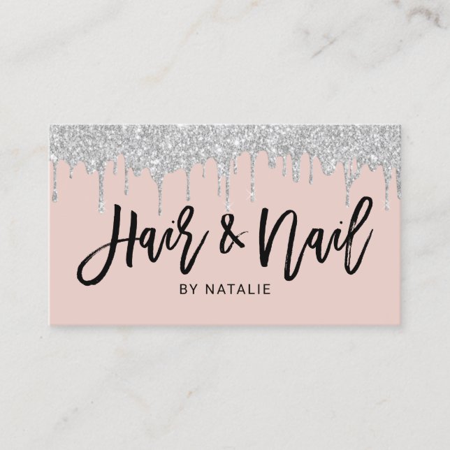 Hair Stylist Nail Salon Silve Drips Blush Pink Business Card (Front)
