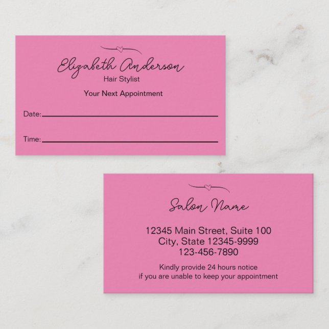 Hair Stylist Name Pink Appointment Reminder Cards (Front/Back)