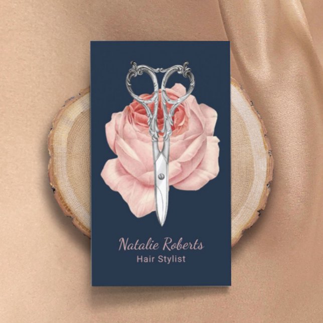 Hair Stylist Navy Blue Scissor & Rose Beauty Salon Business Card (Creator Uploaded)