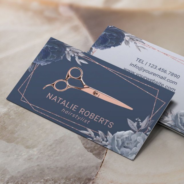 Hair Stylist Navy Floral Geometric Rose Gold Frame Business Card (Creator Uploaded)