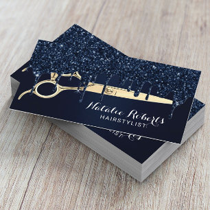Hair Stylist Navy Glitter Drips Gold Scissor Salon Business Card