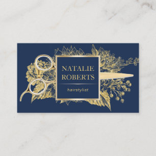 Hair Stylist Navy & Gold Floral Beauty Salon Business Card