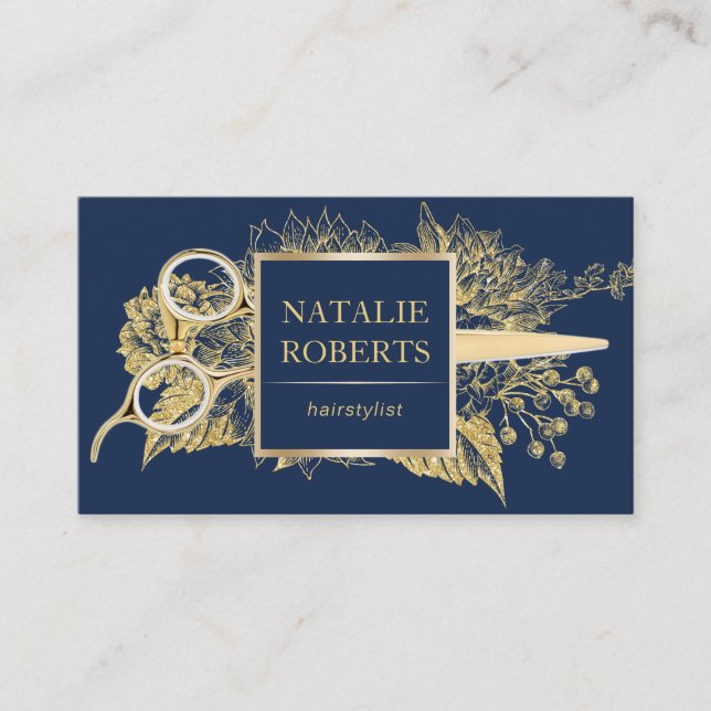 Hair Stylist Navy & Gold Floral Beauty Salon Business Card (Front)