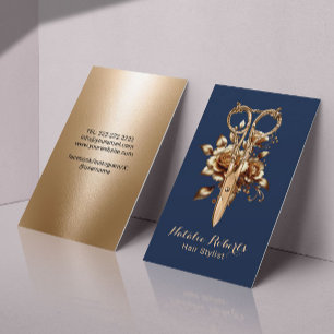 Hair Stylist Navy & Gold Scissor Flower Salon SPA Business Card