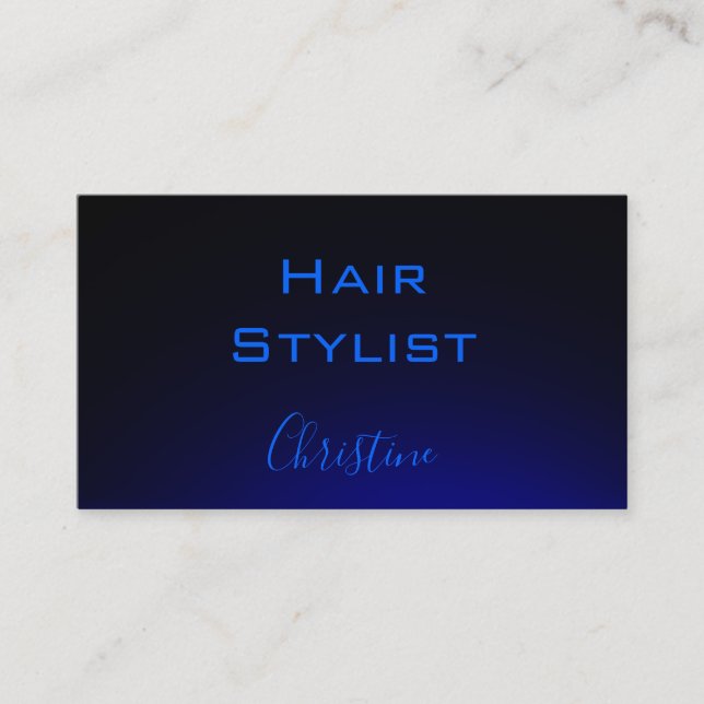 Hair Stylist neon blue on black business card (Front)