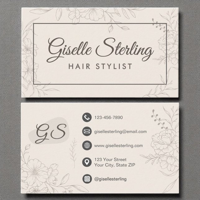 Hair Stylist Neutral Ivory Floral Elegant Script Business Card (Creator Uploaded)